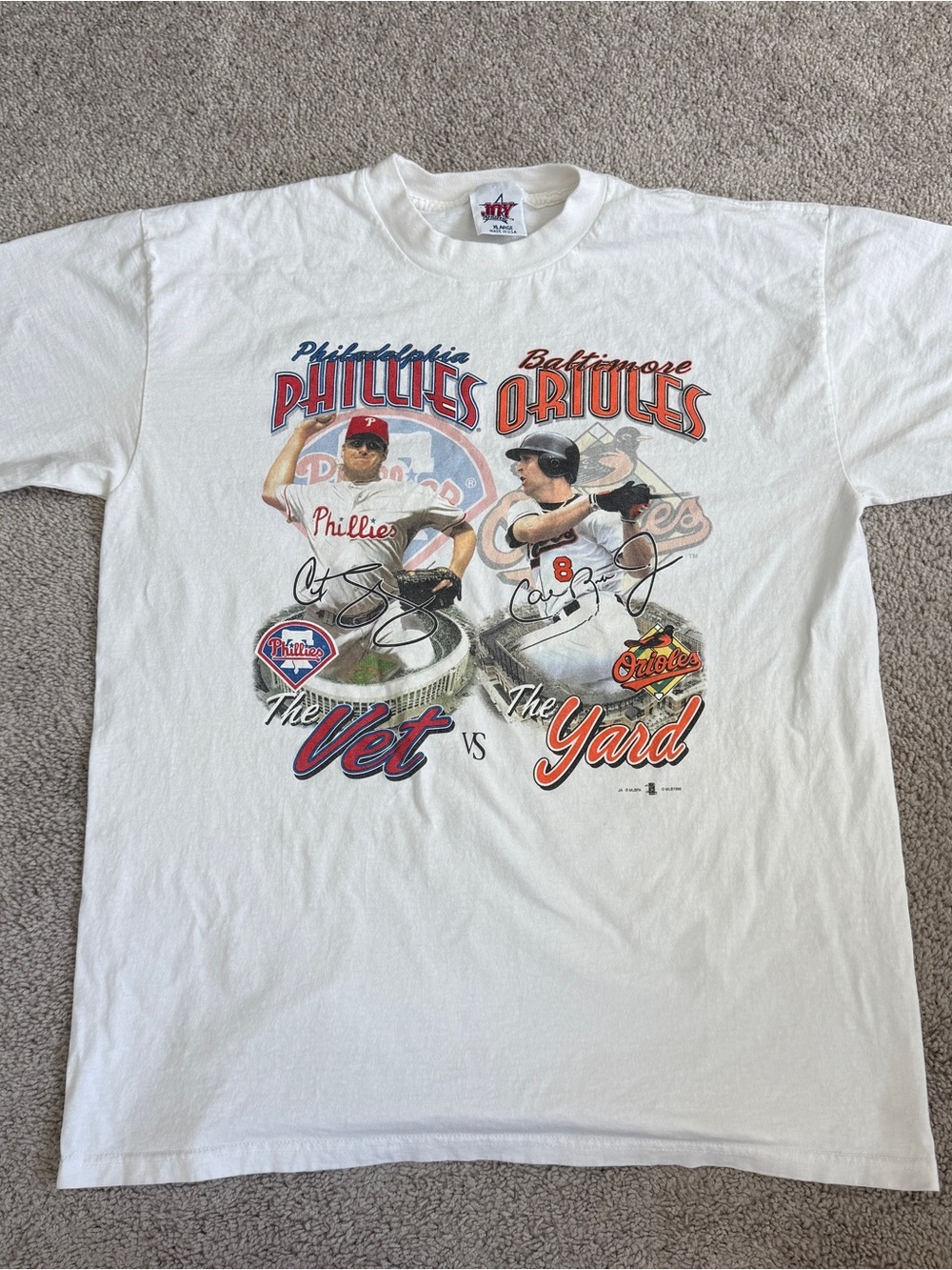 Vintage 1998 Phillies Orioles Schilling Ripken The Vet vs Yard T Shirt XL